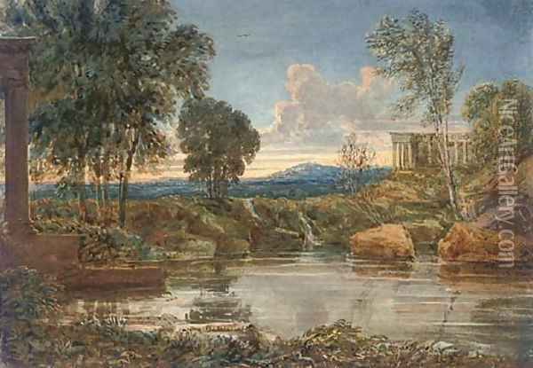 Classical ruins by a lake in an extensive landscape Oil Painting - English School