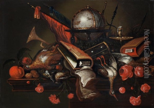 A Vanitas Still Life With Books, Documents, Dead Snipe, A Celestial Globe, An Hour-glass, A Candlestick, Flags And A Trumpet With Roses On A Table Oil Painting - Petrus Schotanus