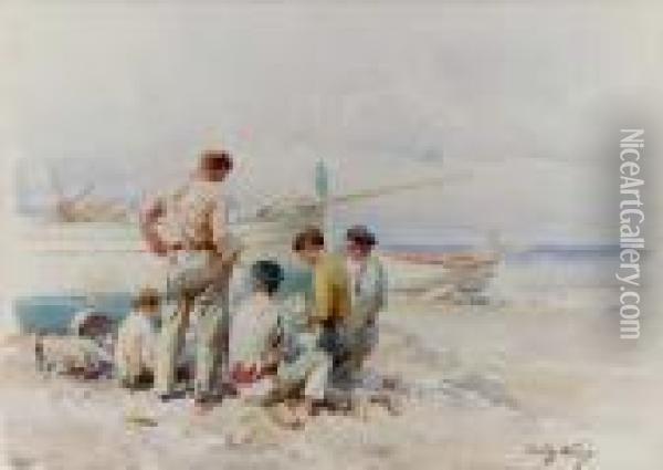 Pescatori Sulla Spiaggia Oil Painting - Achille Beltrame