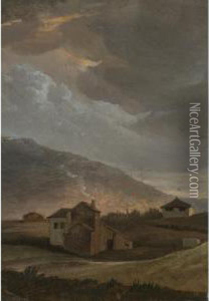 Rural Houses At Sunset On The Outskirts Of Rome Oil Painting - Simon-Joseph-Alexandre-Clement Denis