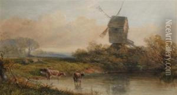 Cattle Watering Before A Windmill Oil Painting - Edmund Morison Wimperis