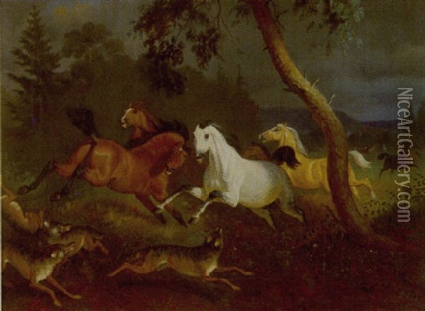 Wildpferde Von Einem Rudel Wolfe Angefallen Oil Painting - Friedrich Anton Kilp