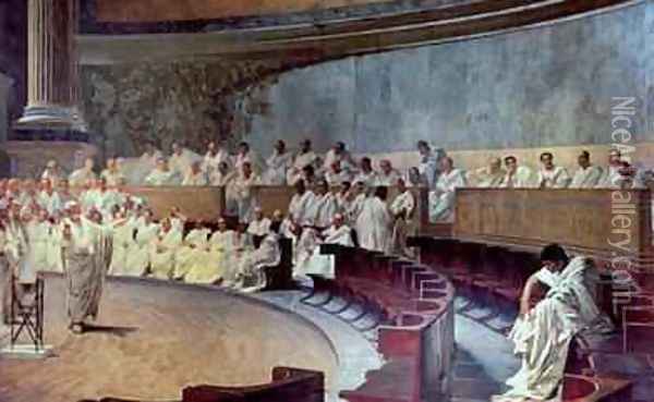 Cicero 106-43 BC in the Senate Accusing Catiline of Conspiracy on 21st October 63 BC 1889 Oil Painting - Cesare Maccari