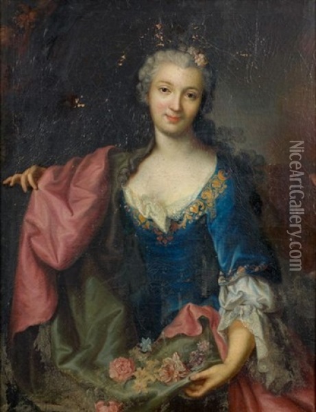 Portrait De Jeune Femme Tenant Des Fleurs Dans Sa Draperie Oil Painting - Marianne Loir