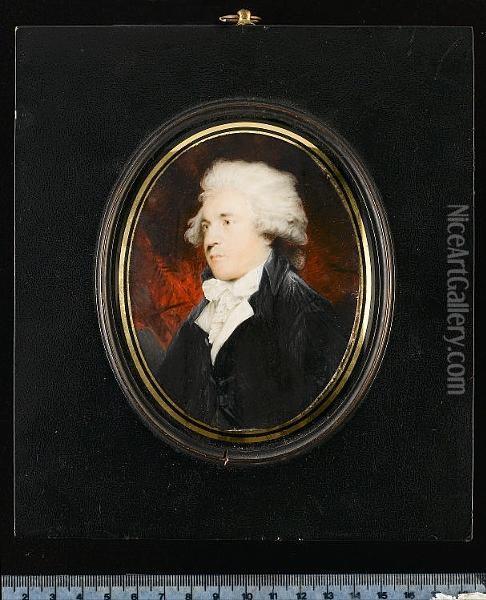 Sir George Howland Beaumont, 7th Bt (1753-1827), Wearing Black Coat, White Waistcoat, Frilled Chemise, Tied Cravat And Powdered Wig, Red Curtain Background. Oil Painting - William Grimaldi