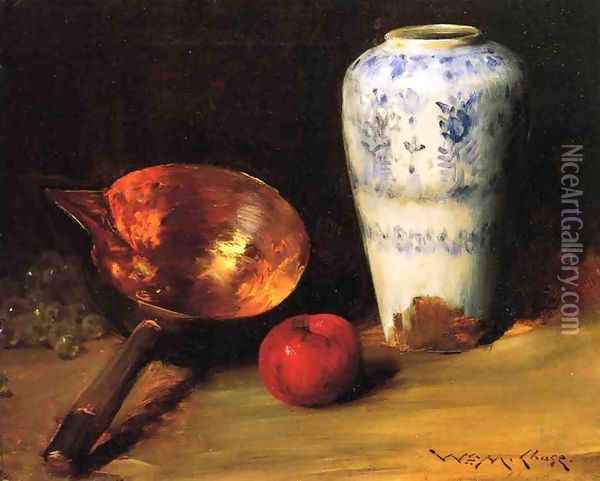 Still Liife with China Vase, Copper Pot, an Apple and a Bunch of Grapes Oil Painting - William Merritt Chase