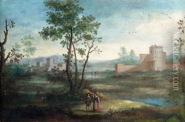 Sudliche Landschaft Mit Kastell Und Figurenstaffage (pair) Oil Painting - Giovanni Battista Cimaroli