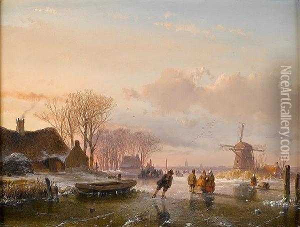Skaters And Figures On A Frozen River, Haarlem In The Distance Oil Painting - Andreas Schelfhout