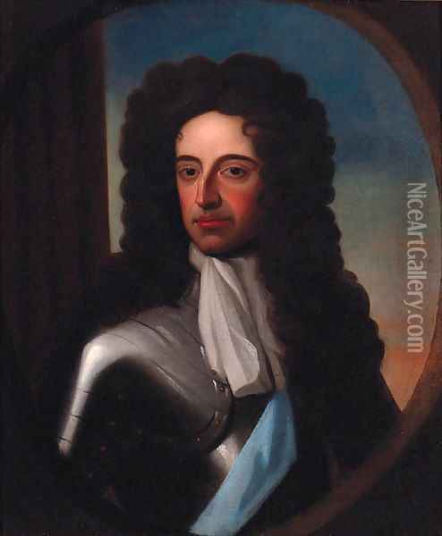 Portrait of William III, half-length, in armour, feigned oval Oil Painting - Sir Godfrey Kneller