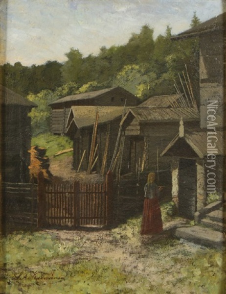 Girl By The Gate Oil Painting - Sigfrid August Keinanen