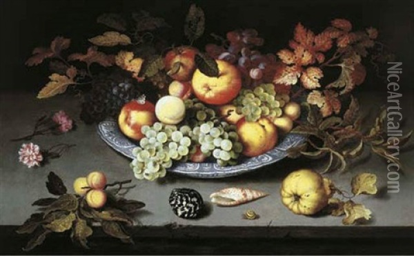 Fruit In A Wan-li Kraak Porcelain Dish With Shells On A Stone Ledge Oil Painting - Balthasar Van Der Ast