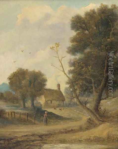 A figure before a cottage in a wooded landscape Oil Painting - Christopher Mark Maskell
