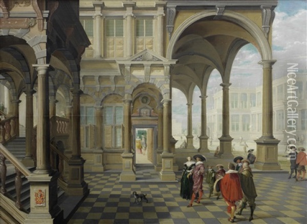 A Noble Family And Its Entourage In A Palace Courtyard, A Group Of Men Playing A Ball Game Beyond Oil Painting - Dirck Van Delen