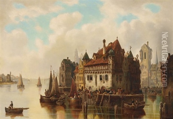 Ansicht Von Rotterdam Mit Ruderbooten Und Handlern An Der Anlegestelle Oil Painting - Ludwig Hermann