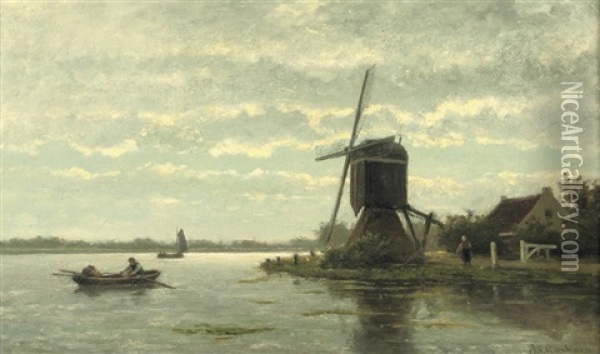 Rowing Near A Windmill Oil Painting - Jacobus van Gorkum