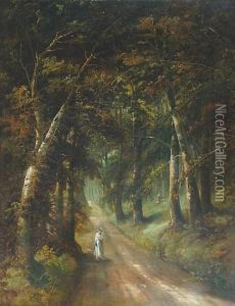 Woman Sketching On A Woodland Path Oil Painting - John Joseph Barker Of Bath