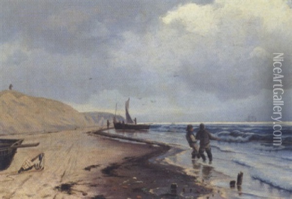 Strandparti Med Hoje Klitter, Fiskerbade Og Arbejdende Fiskere Oil Painting - Oscar Herschend