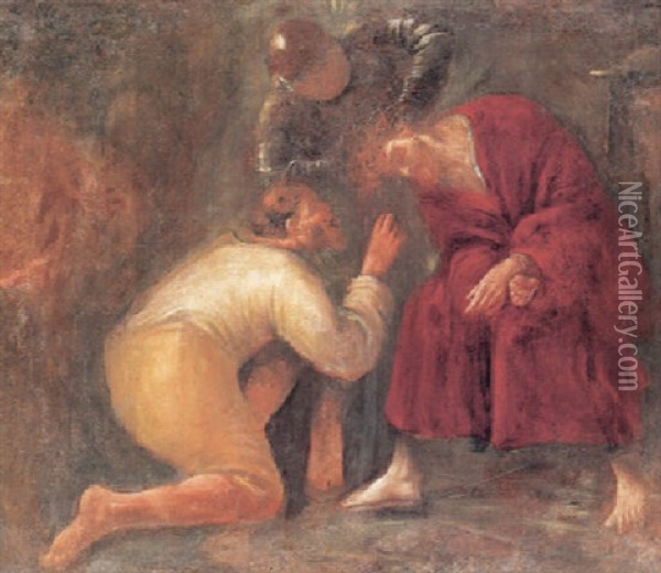 En Romersk Soldat Tager Tornekransen Af Jesus, I Forgrunden Judas Knaelende Oil Painting - Hendrick Ter Brugghen