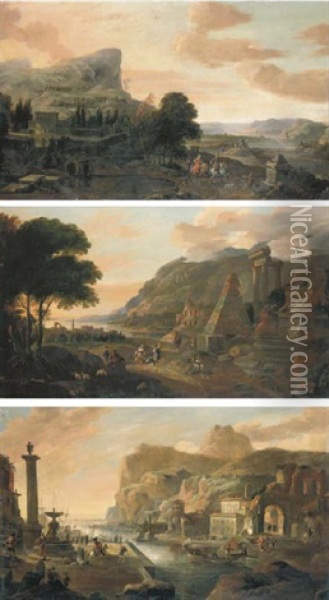 Italianate Capriccio Landscape With An Elegant Couple Riding In The Grounds Of A Country Villa (+ 2 Others; Set Of 3) Oil Painting - Hendrick Danckerts