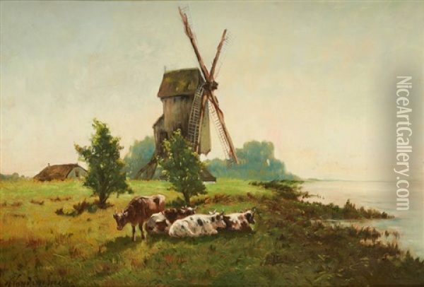 Vaches Sur Fond De Paysage Avec Moulin Oil Painting - Frans Van Damme