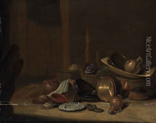 Cabbages In A Basket, A Strainer And An Earthenware Jug In A Wooden Washtub On A Barrel, With Copper Buckets, Pots And Pans... Oil Painting - Pieter van Steenwijck