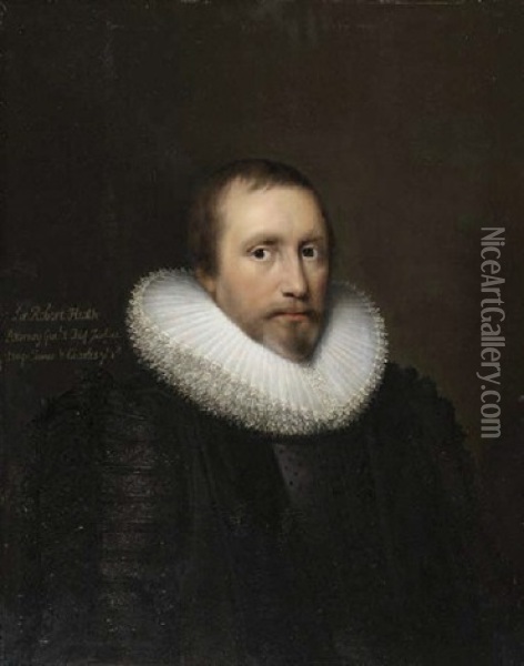 Portrait Of Sir Robert Heath In A Black Doublet With A White Ruff Oil Painting - Cornelis Jonson Van Ceulen