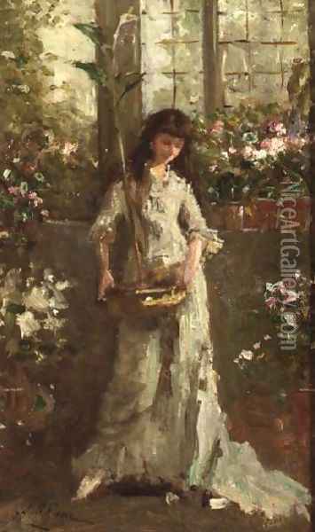 Girl in a Conservatory Oil Painting - Alexander M. Rossi
