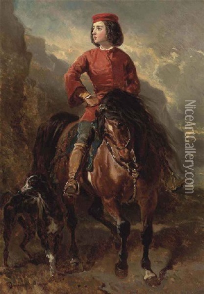 Jeune Cavalier Montant Un Shetland Et Levrier Oil Painting - Alfred De Dreux