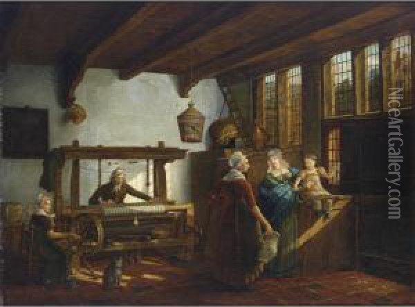 A Weaver's Workshop With A Weaver And His Maid, Together With Two Women And A Child Conversing On The Right Oil Painting - Johanus Petrus Van Horstok