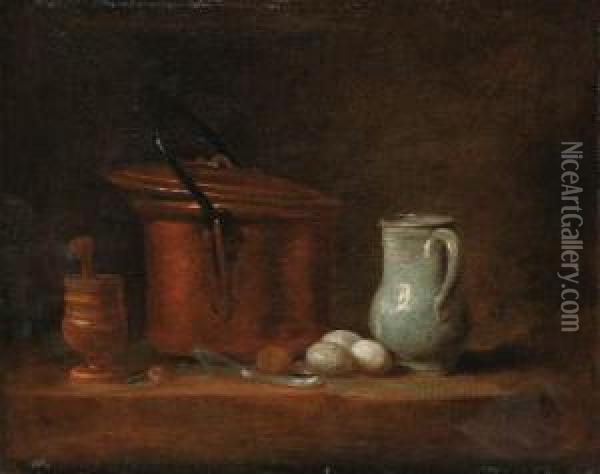 A Copper Cauldron, A Pestle And 
Mortar, A Stoneware Jug, Eggs And A Spring Onion On A Ledge Oil Painting - Jean-Baptiste-Simeon Chardin