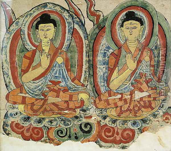 Seated Buddha Sakyamuni and Baistrajyaguru, Dunhuang Oil Painting - Anonymous Artist