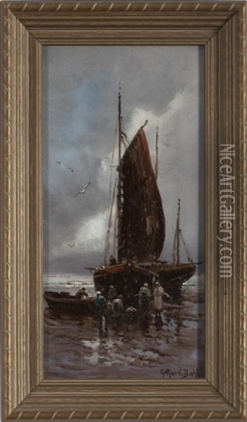 Fishing Boat On A Beach Oil Painting - Arthur Vidal Diehl