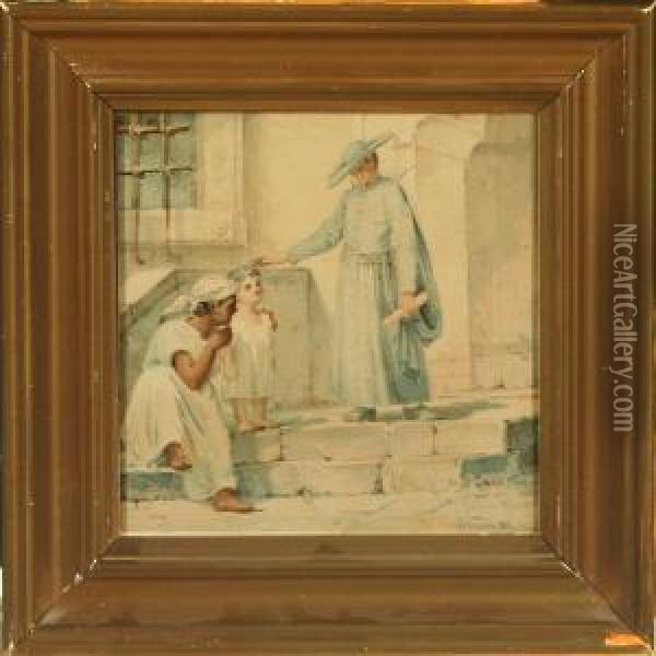 Scene With People Anda Priest On A Staircase Oil Painting - Frederik Mayer Visby