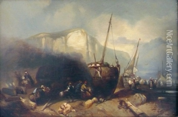 Calfatage Et Pecheurs En Mer (pair) Oil Painting - Charles Hoguet