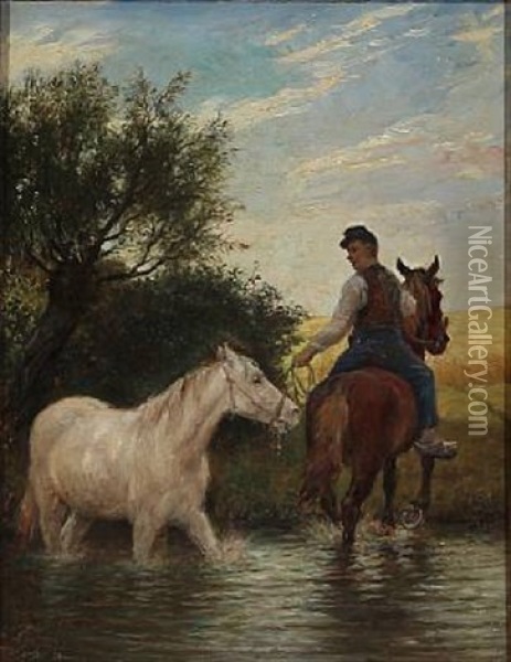 Horse Drawn Through A Stream Oil Painting - Otto Bache