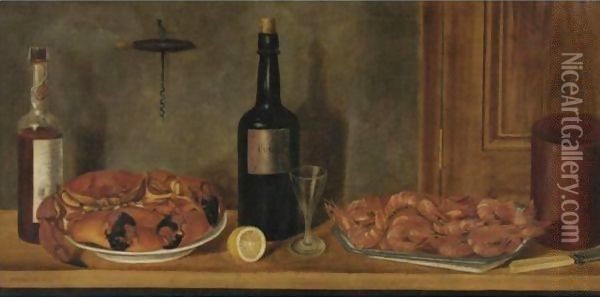 Still Life With A Bottle Of Cognac, Crabs And Prawns Oil Painting - William Aiken Walker