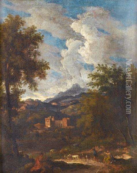 A Classical Landscape With A Goatherd And Travellers On A Track, A Monastery Beyond Oil Painting - Johannes (Polidoro) Glauber