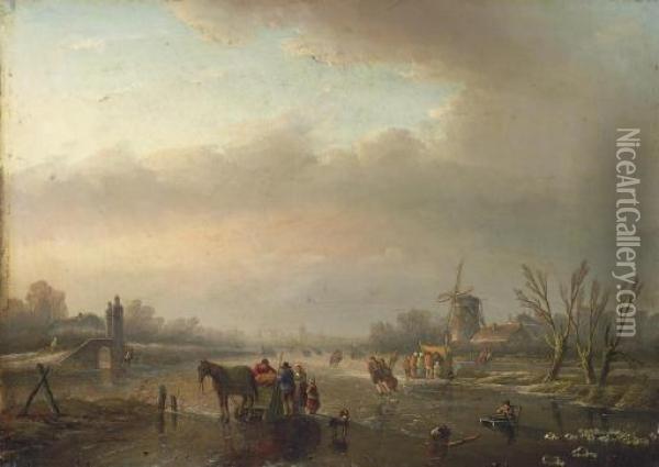 Skaters On A Frozen Canal Oil Painting - Jan Jacob Coenraad Spohler