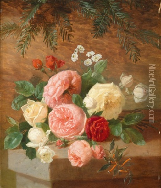 Roses On A Stone Wall Oil Painting - Henri Robbe