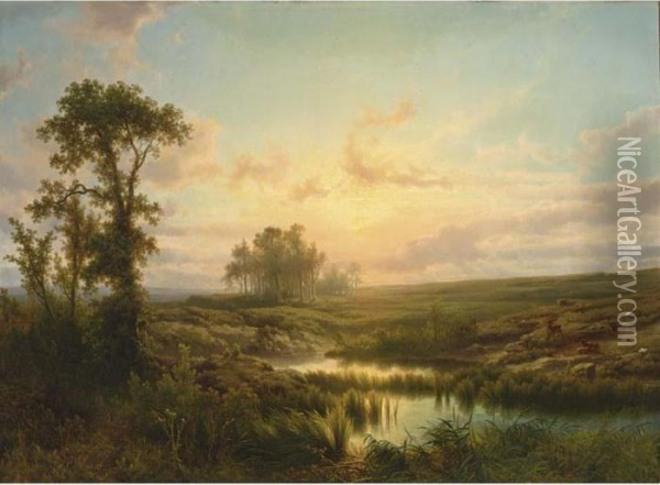 A Summer Landscape At Sunset Oil Painting - Cornelis Lieste
