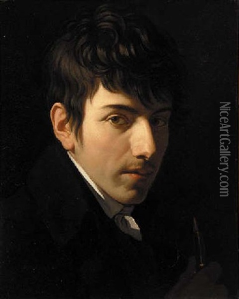 Portrait Of Andre Peer, Head And Shoulders, In A Black Coat With A White Cravat Holding A Pen Oil Painting - Gabriel Constant Vaucher