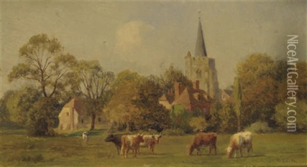 Cattle Grazing, A Village Church Beyond Oil Painting - William Sidney Cooper