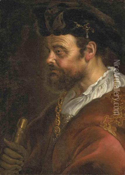 A Tronie Of A Man In Ceremonial Robes With A Gold Chain And Ahat Oil Painting - Adam Camerarius