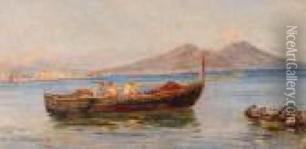 Barca Di Pescatori Sullo Sfondo Del Vesuvio Oil Painting - Carlo Brancaccio