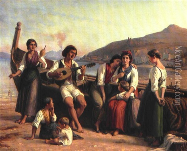Neapolitaner Synger Serenader For De Unge Piger Oil Painting - Wilhelm Nicolai Marstrand