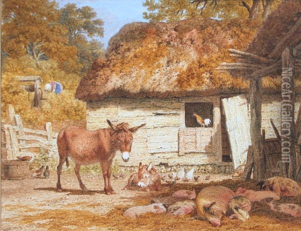 Farmyard Scene Oil Painting - Robert Hills