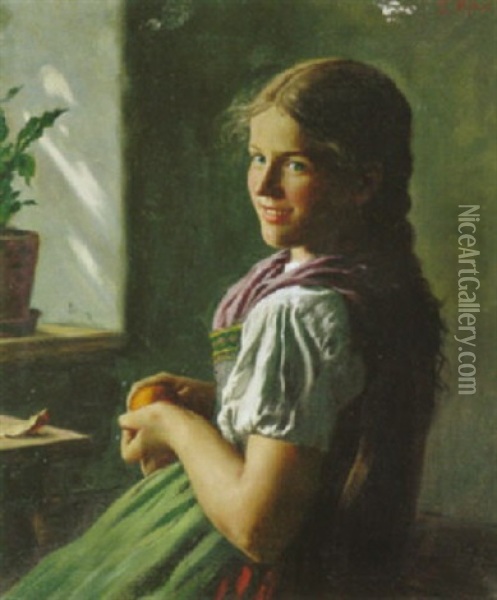 Dirndl, Am Fenster Sitzend Und Eine Apfelsine Schalend Oil Painting - Emil Rau