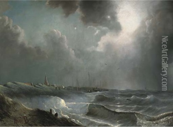 Scheveningen Beach On A Windy Day Oil Painting - Albertus Van Beest