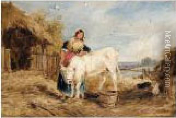 Farm Girl With Calf Oil Painting - Myles Birket Foster