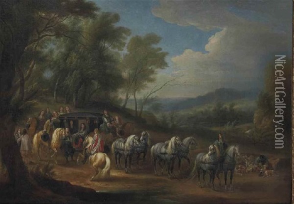 Louis Xiv (1638-1715) En Carrosse Dans Un Paysage Oil Painting - Adam Frans van der Meulen